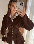 Stylish French Waist-Defined V-Neck Shirt for Women