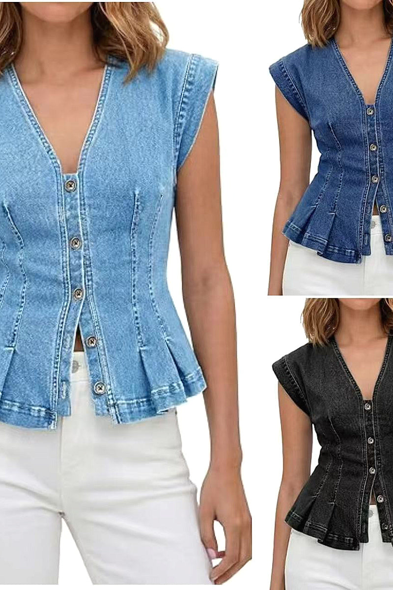 Women's V-Neck Denim Vest Top for Casual Wear