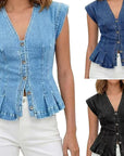 Women's V-Neck Denim Vest Top for Casual Wear