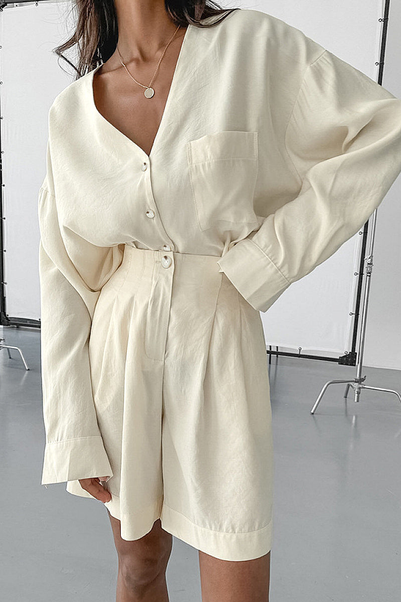 Chic Khaki V-Neck Shirt and Shorts Set