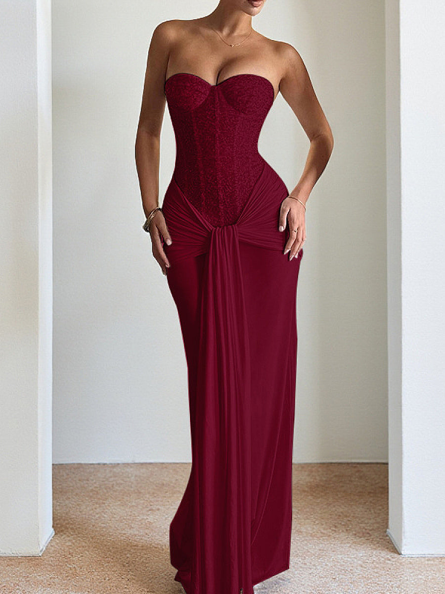 Elegant Strapless Long Dress with Waist Tie