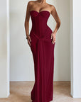 Elegant Strapless Long Dress with Waist Tie