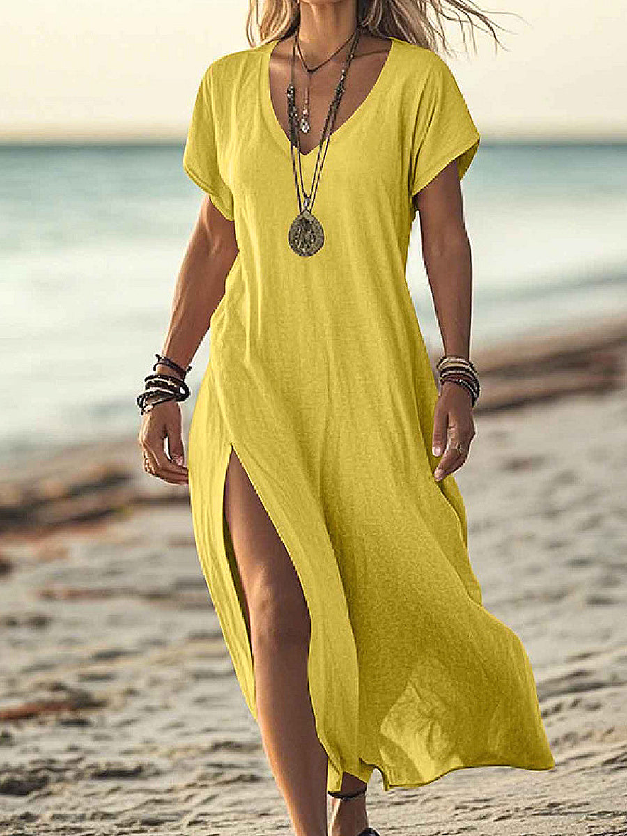 Loose Solid Color V-Neck Short Sleeve Dress