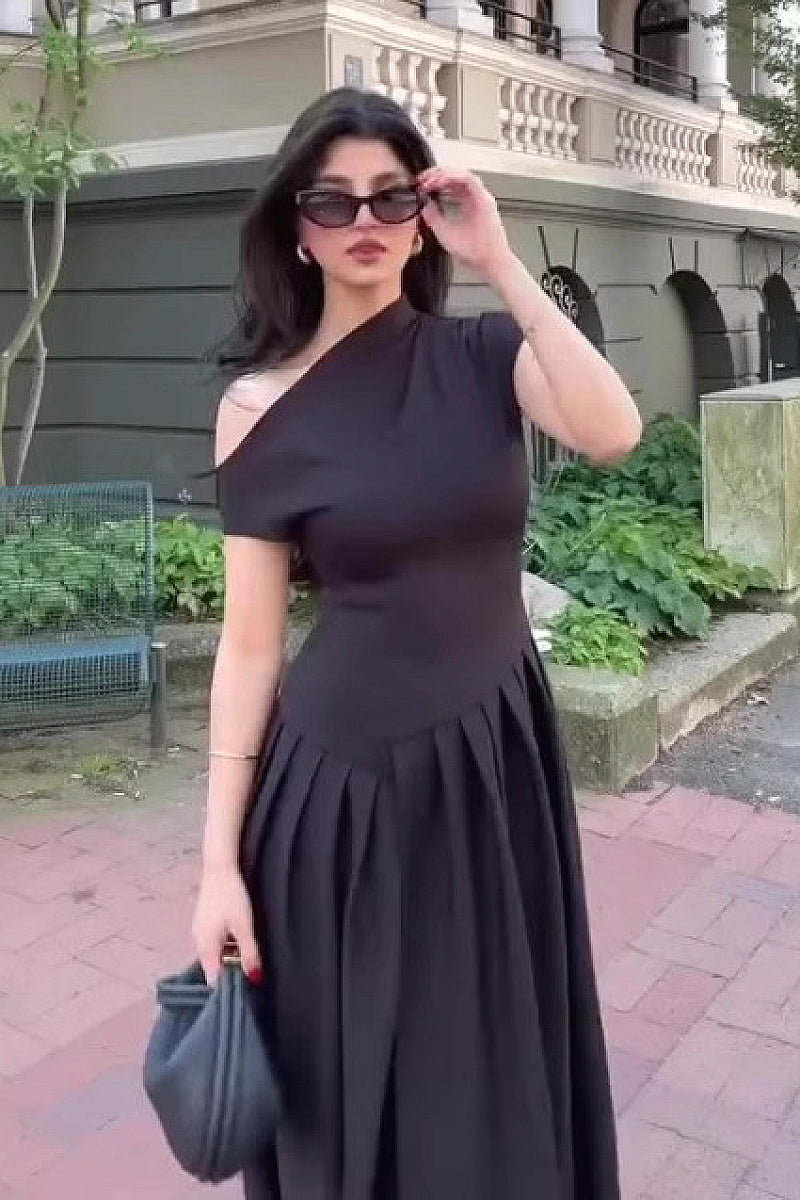 Elegant Spring Summer Dress with Asymmetric Neck