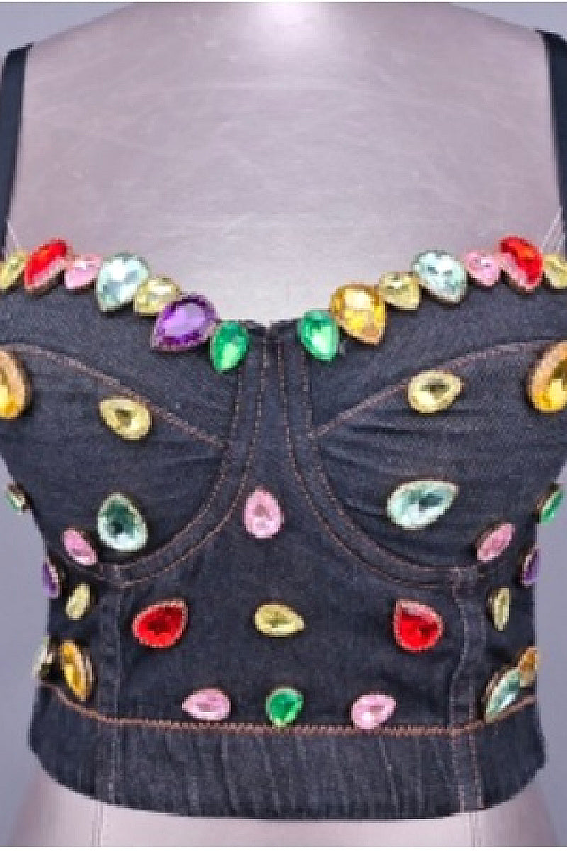 Youthful Denim Crop Top with Rhinestones