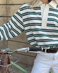 Spring Loose Striped Polo Neck Long Sleeve Top