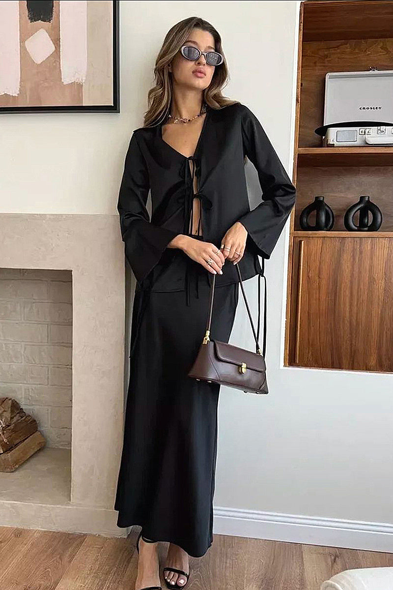 Elegant V-Neck Tie Top and Long Skirt Set