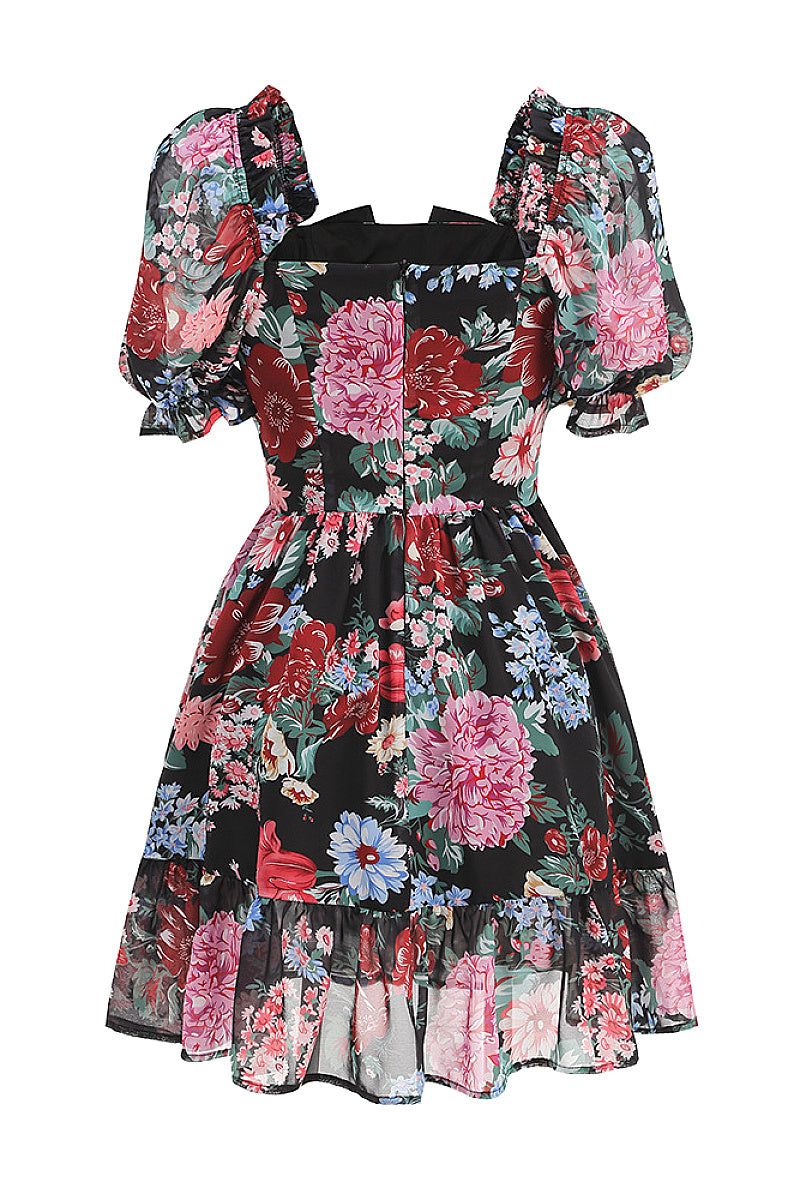 New Sexy Floral Ruffle U-Neck Mini Dress