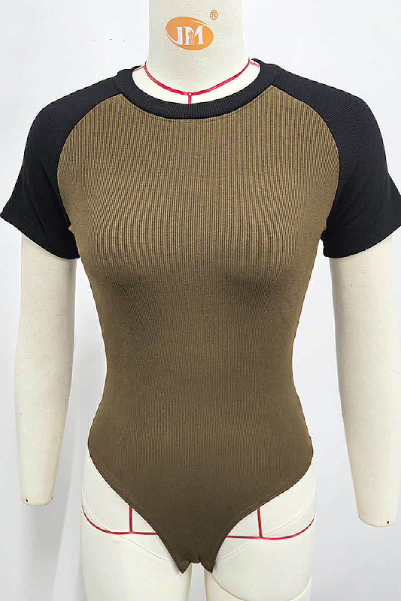 Summer Color Block Short Sleeve Bodysuit for Women