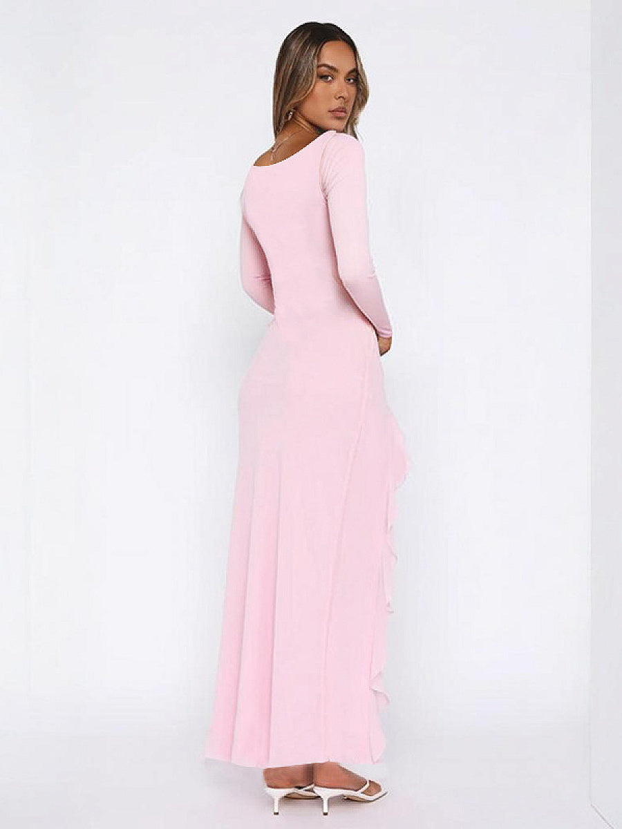 Sexy Deep V Neck Long Sleeve Ruffle Split Dress