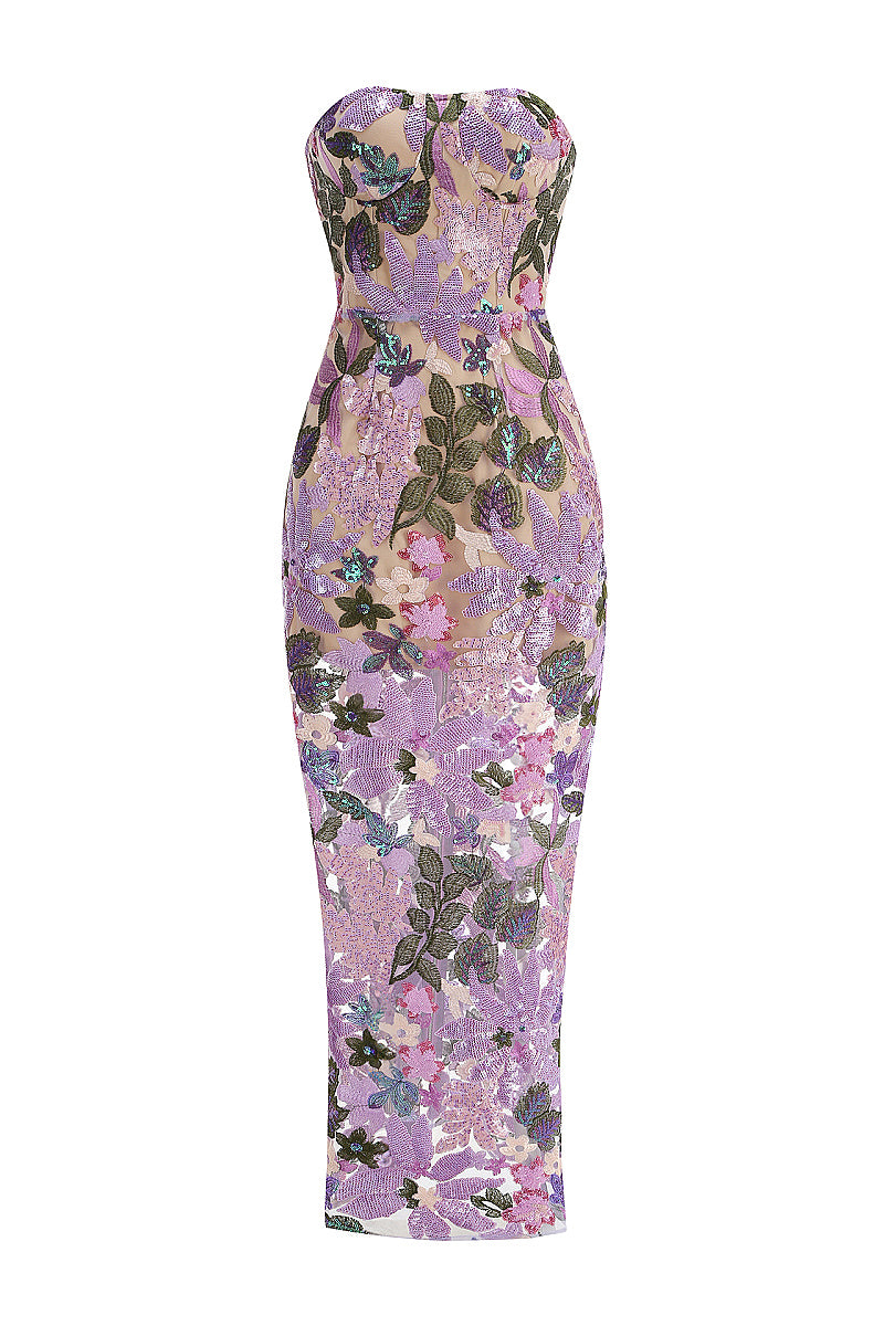 Elegant Embroidered Sequin Flower Strapless Dress