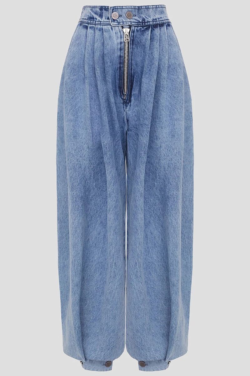 High Waist Zipper Cuffed Denim Pants for Women