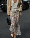 Summer Sequined Lace Midi Skirt with Slit