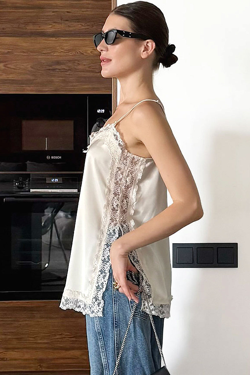 Elegant Lace Trim Satin Cami Top