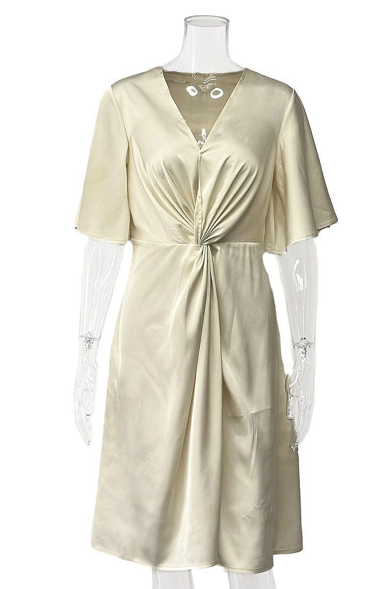 French Style Knot V-Neck Midi A-Line Dress