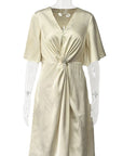 French Style Knot V-Neck Midi A-Line Dress