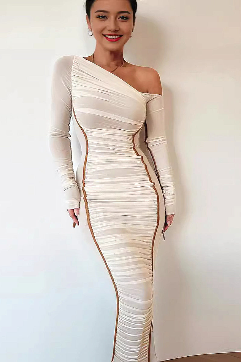 Spring New Women's Long Sleeve Mesh Shoulder Dress