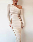 Spring New Women's Long Sleeve Mesh Shoulder Dress