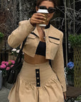 Chic Khaki Two-Piece Suit with Skirt and Jacket