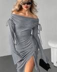 Elegant Off-Shoulder Tie Waist Bodycon Dress
