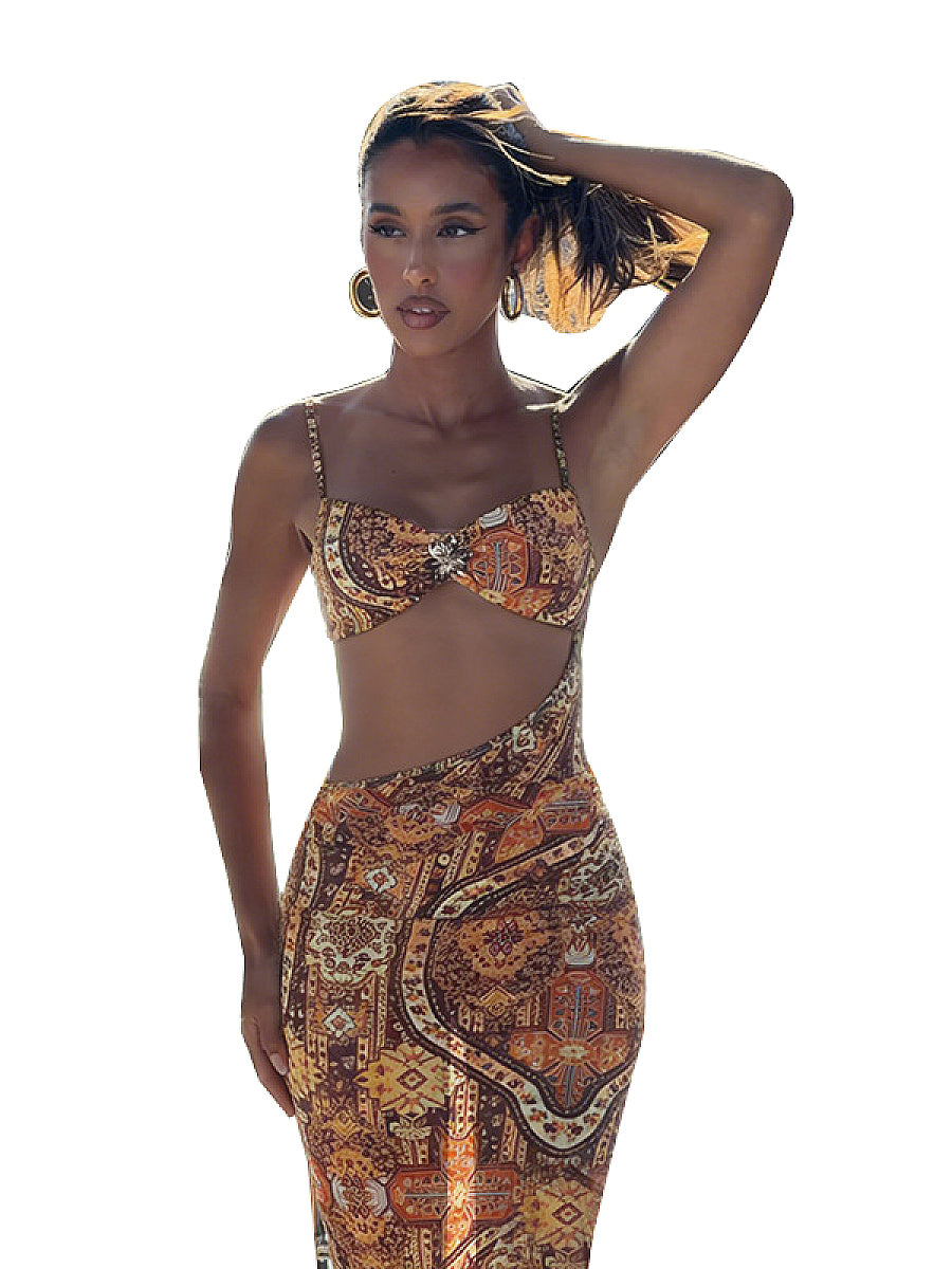 Sexy Backless Travel Dress with Geometric Print