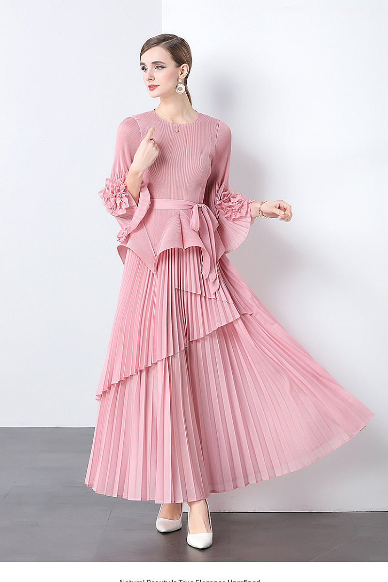 European Style Tie Waist Flare Sleeve Top Set