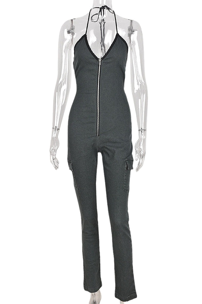 Summer Fashionable Zipper Long Denim Jumpsuit