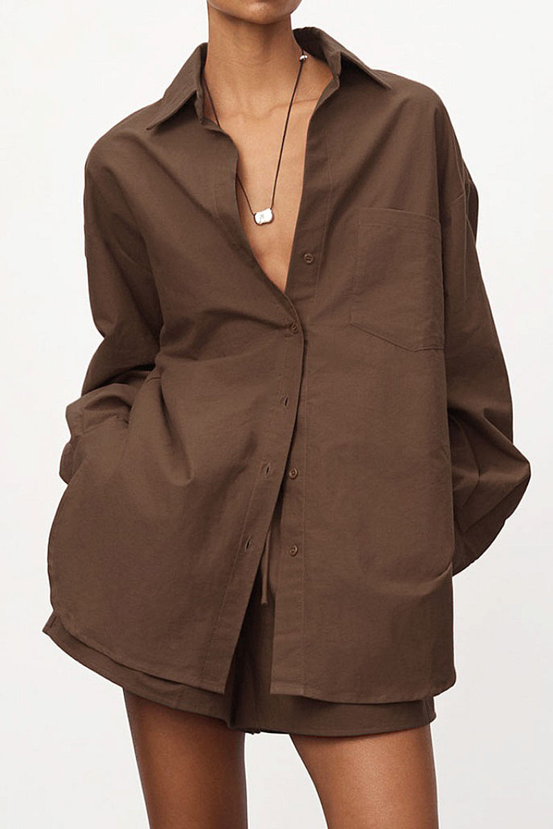 Chic Cotton-Linen Long Sleeve Shirt and Shorts Set