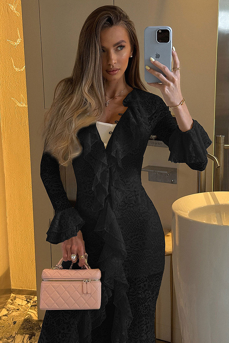 Chic French Lace Ruffled Split Dress