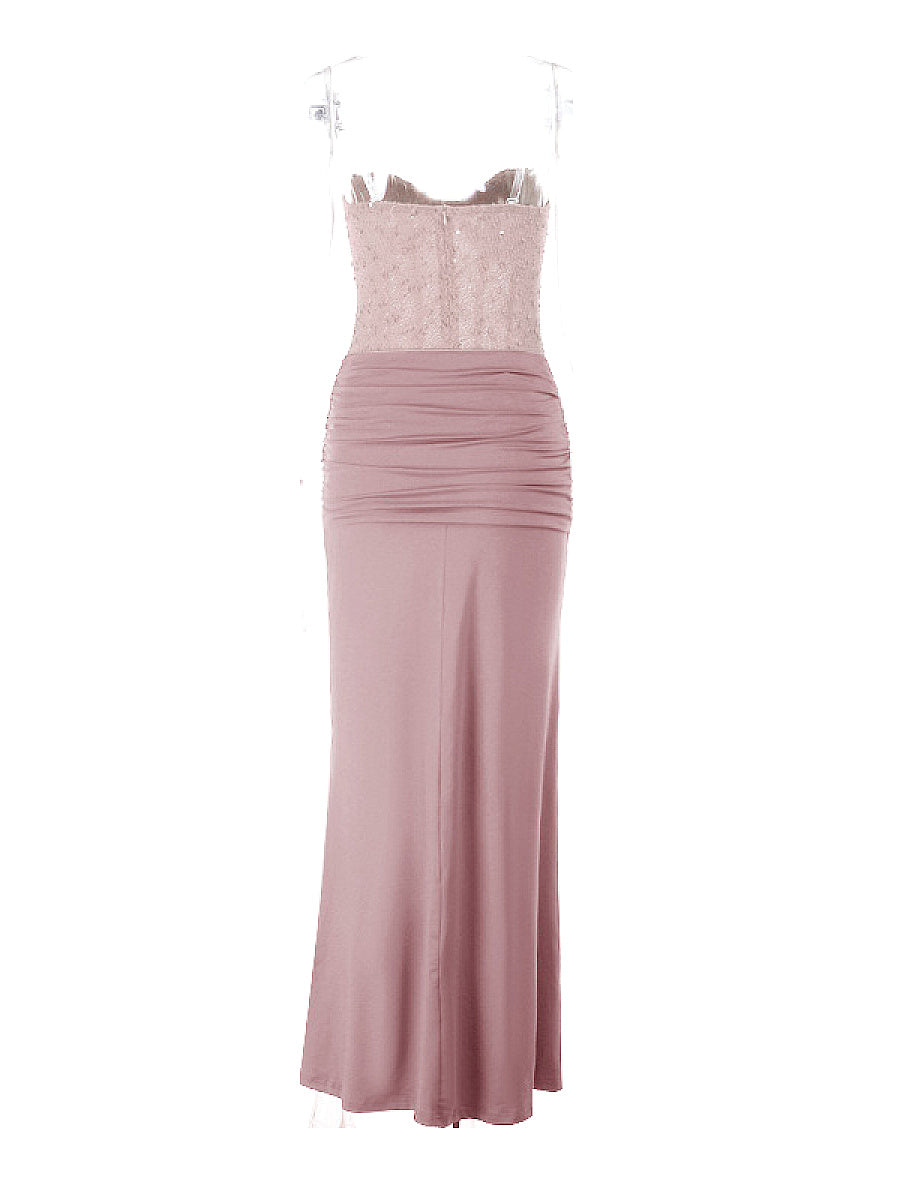 Elegant Strapless Long Dress with Waist Tie