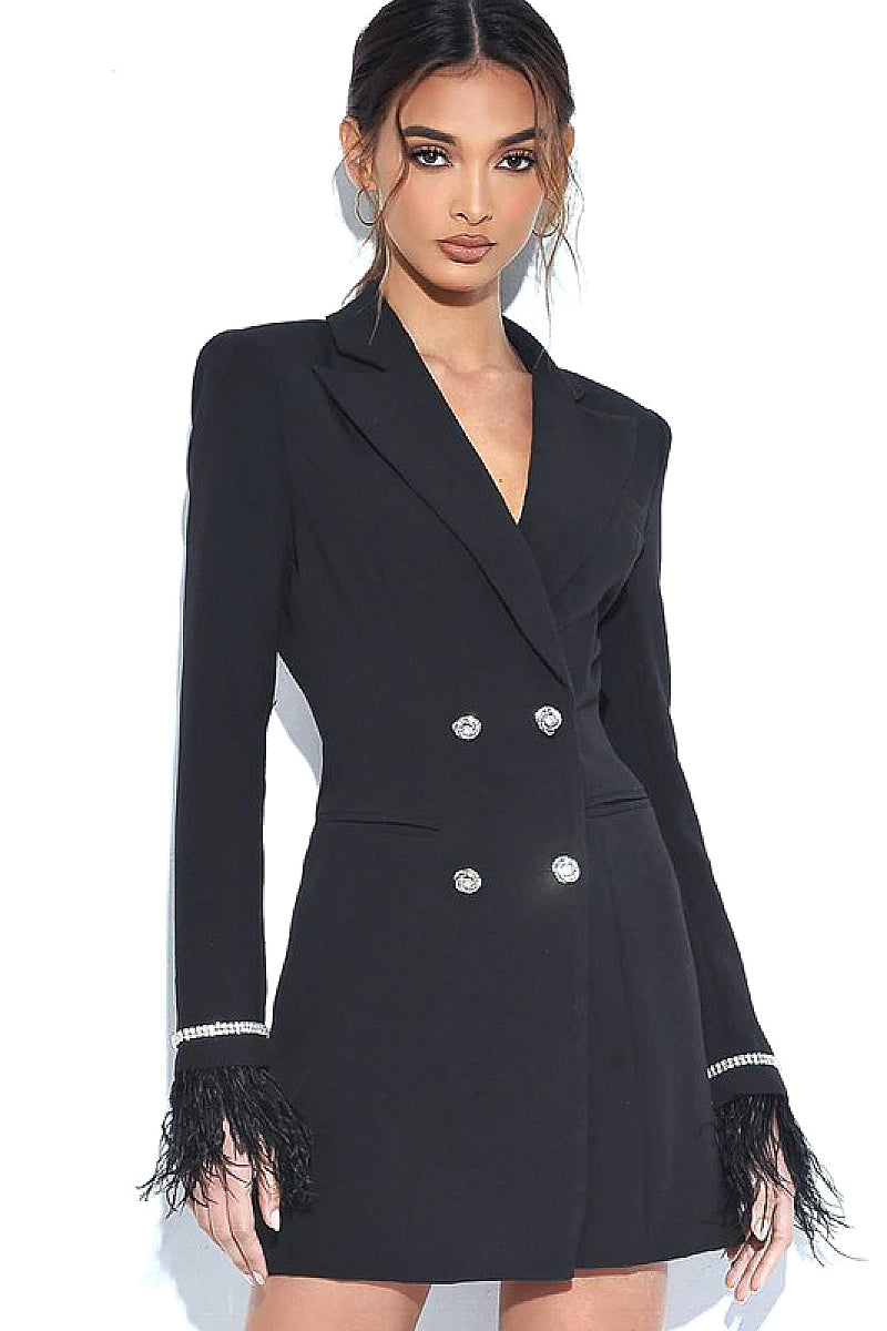 Elegant Double-Breasted Feather Sleeve Blazer Dress