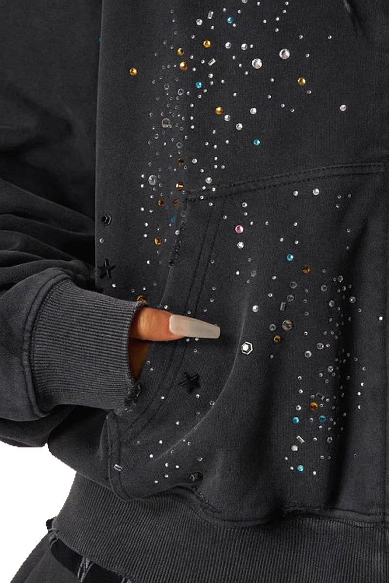 Trendy Loose-Fit Zip-Up Hoodie with Rhinestones