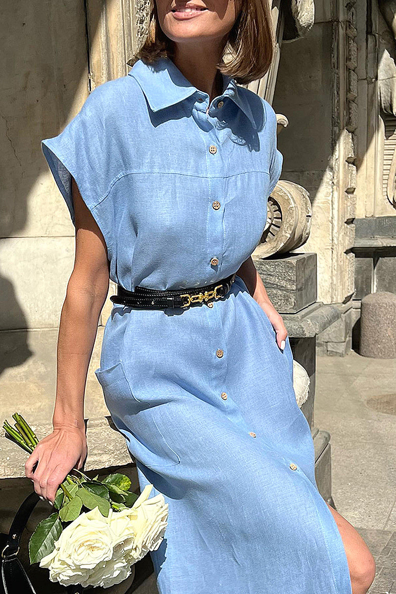 French Style High Waist Blue Cotton Linen Dress