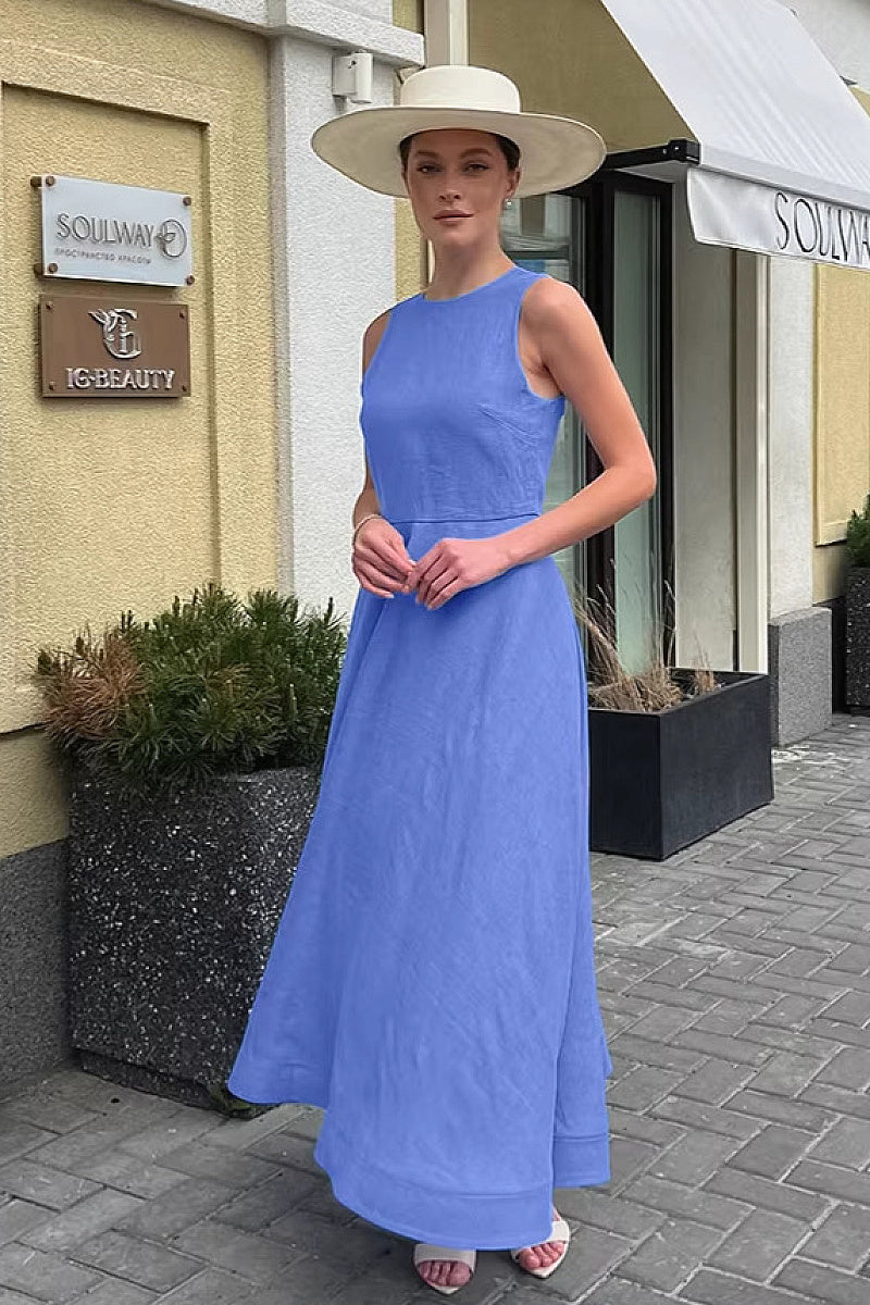 French Style Blue Round Neck Cotton Linen Dress