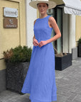 French Style Blue Round Neck Cotton Linen Dress