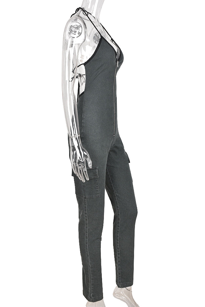 Summer Fashionable Zipper Long Denim Jumpsuit