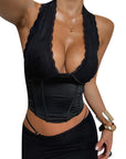 Sexy Deep V Neck Black Halter Top for Women