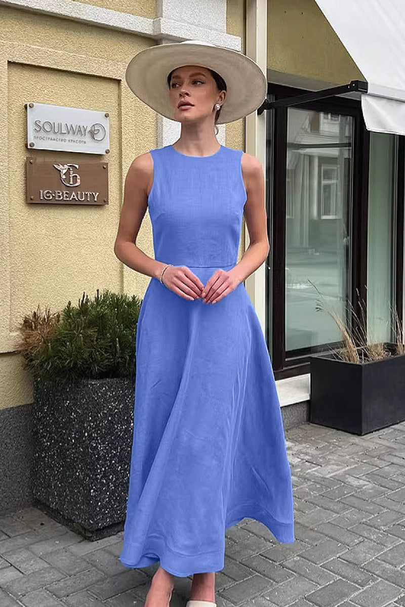 French Style Blue Round Neck Cotton Linen Dress