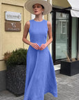 French Style Blue Round Neck Cotton Linen Dress