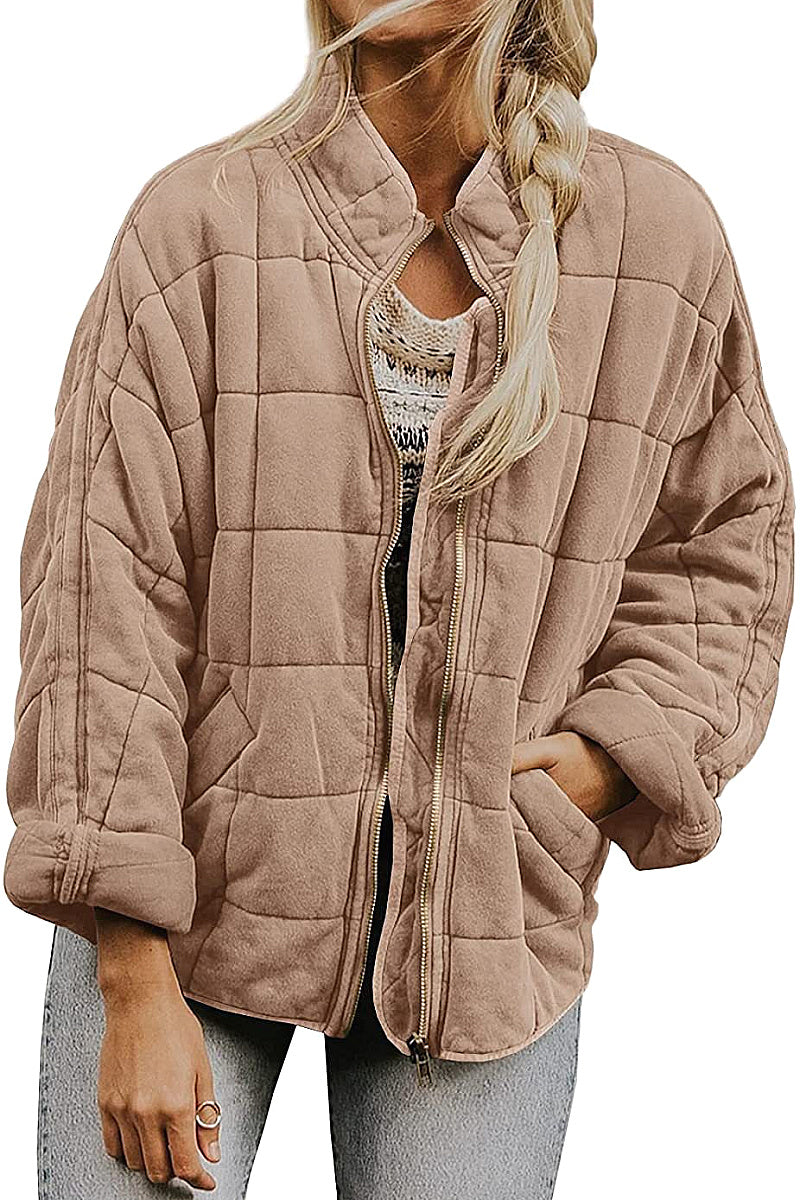 Solid Color Stand Collar Cotton Jacket for Women