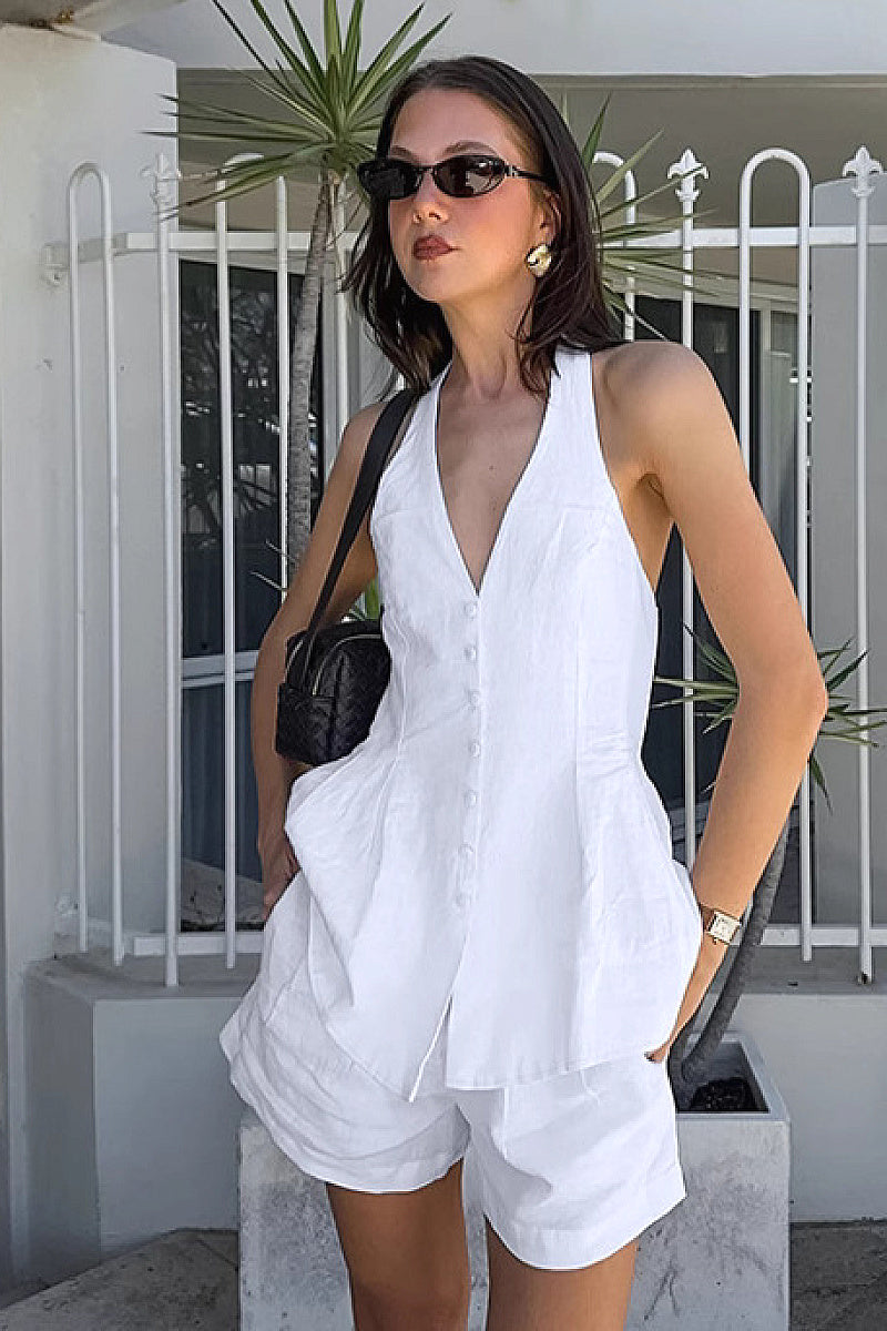 French Style White Halter Neck Two-Piece Set