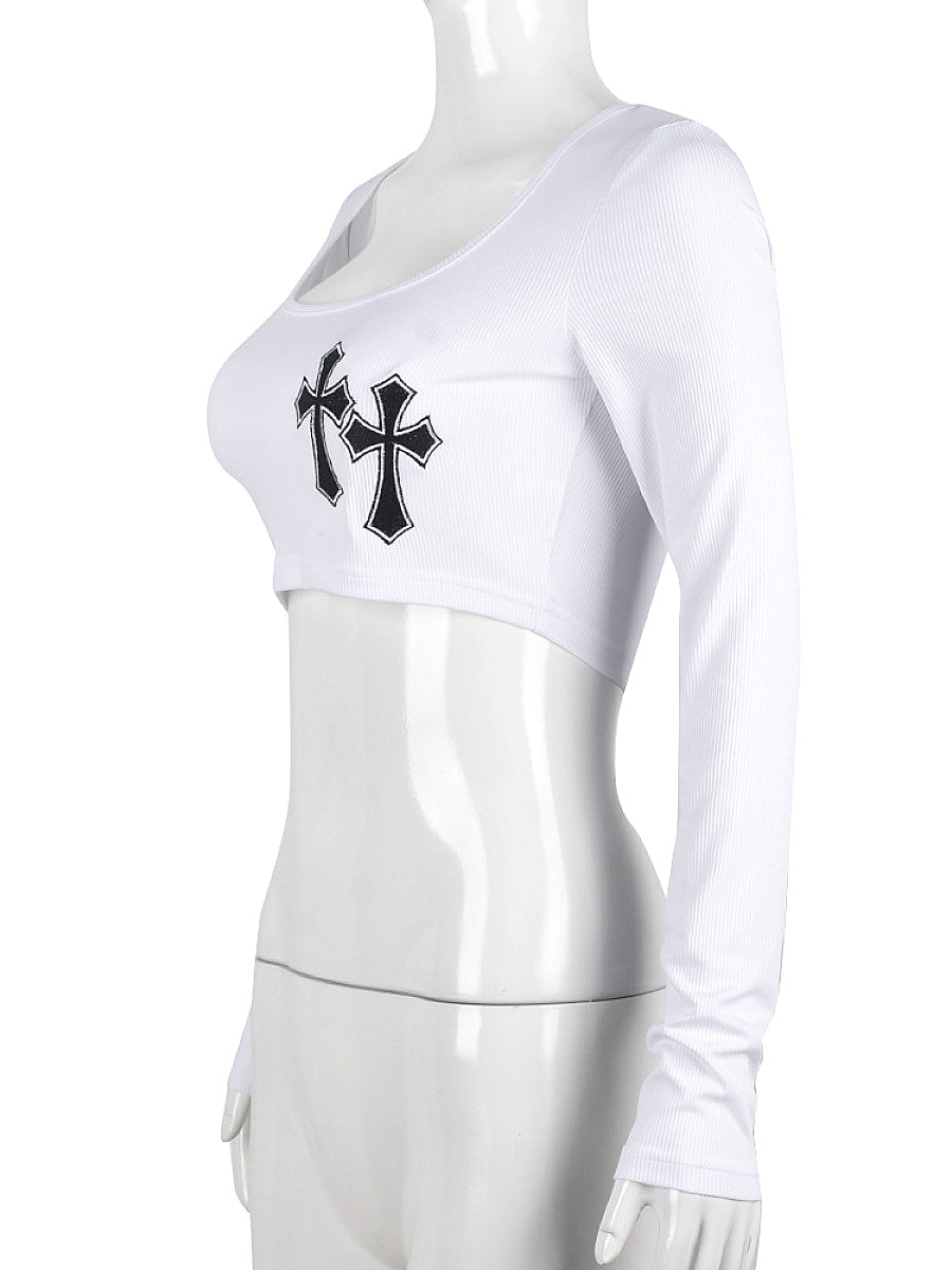 Trendy Women's U-Neck Cropped Long Sleeve Top