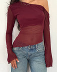 Fashionable Casual Sheer Shoulder Long Sleeve Top