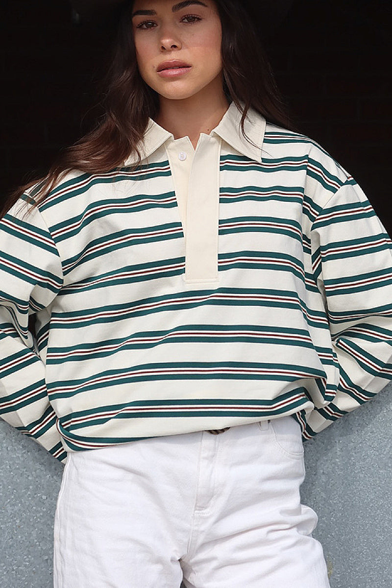 Loose Striped Polo Neck Long Sleeve Top