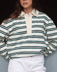 Loose Striped Polo Neck Long Sleeve Top