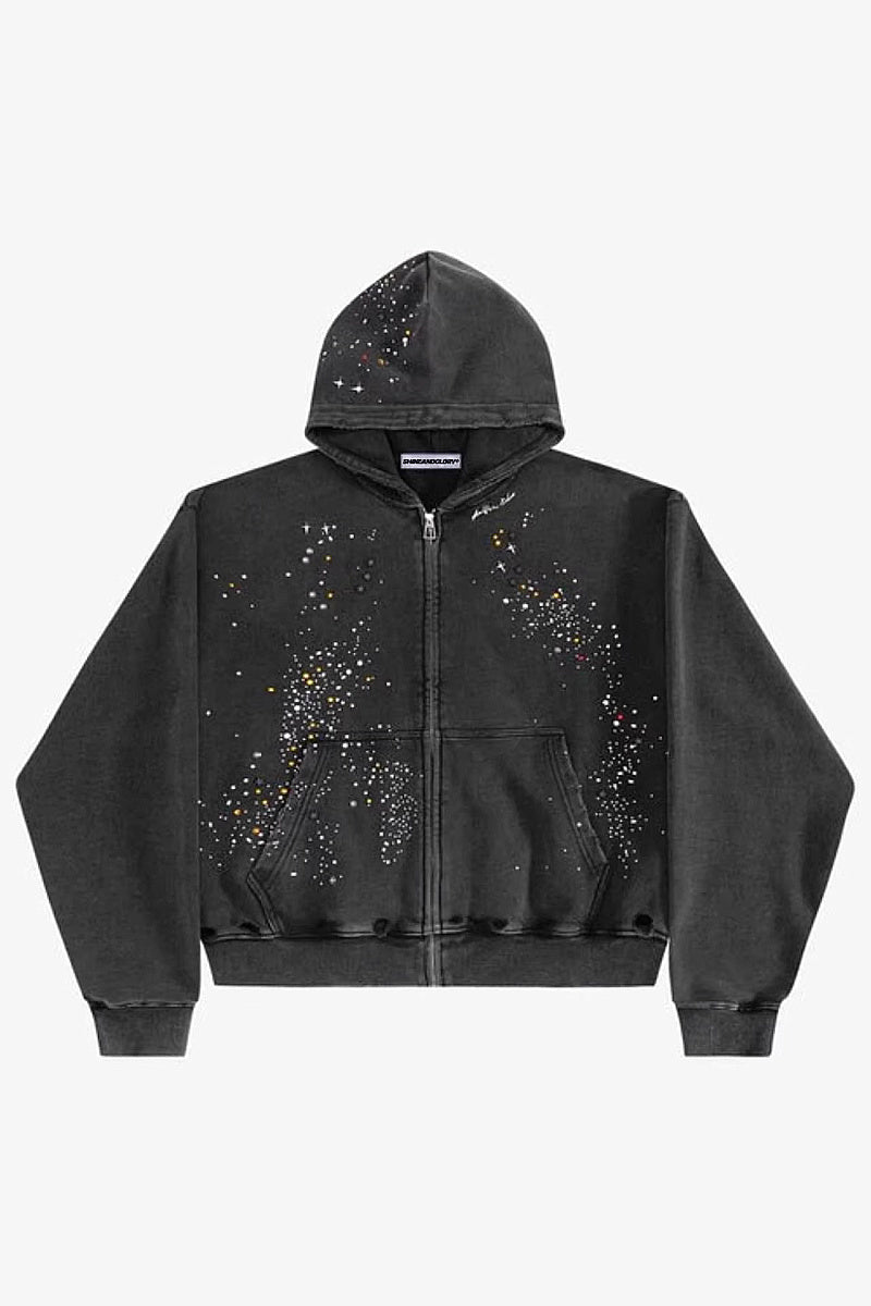 Trendy Loose-Fit Zip-Up Hoodie with Rhinestones