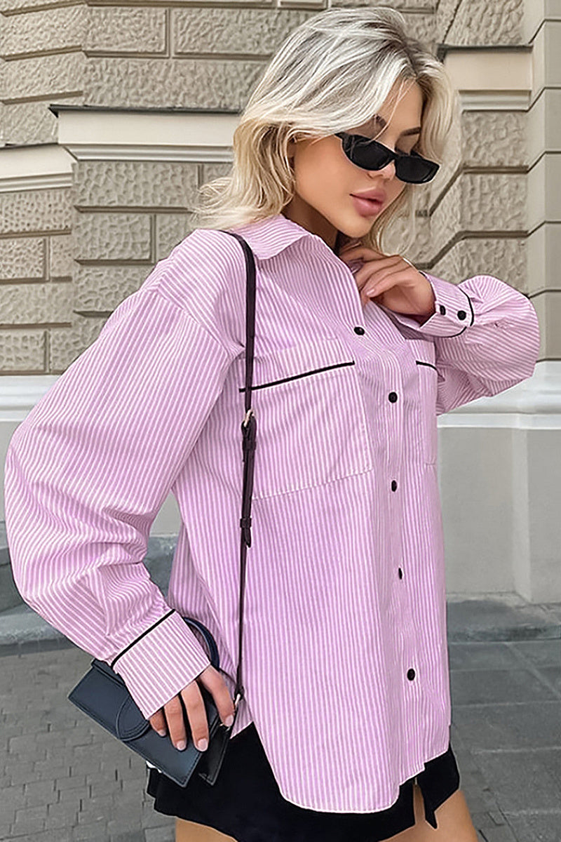 French Color Block Striped Pink Women's Shirt