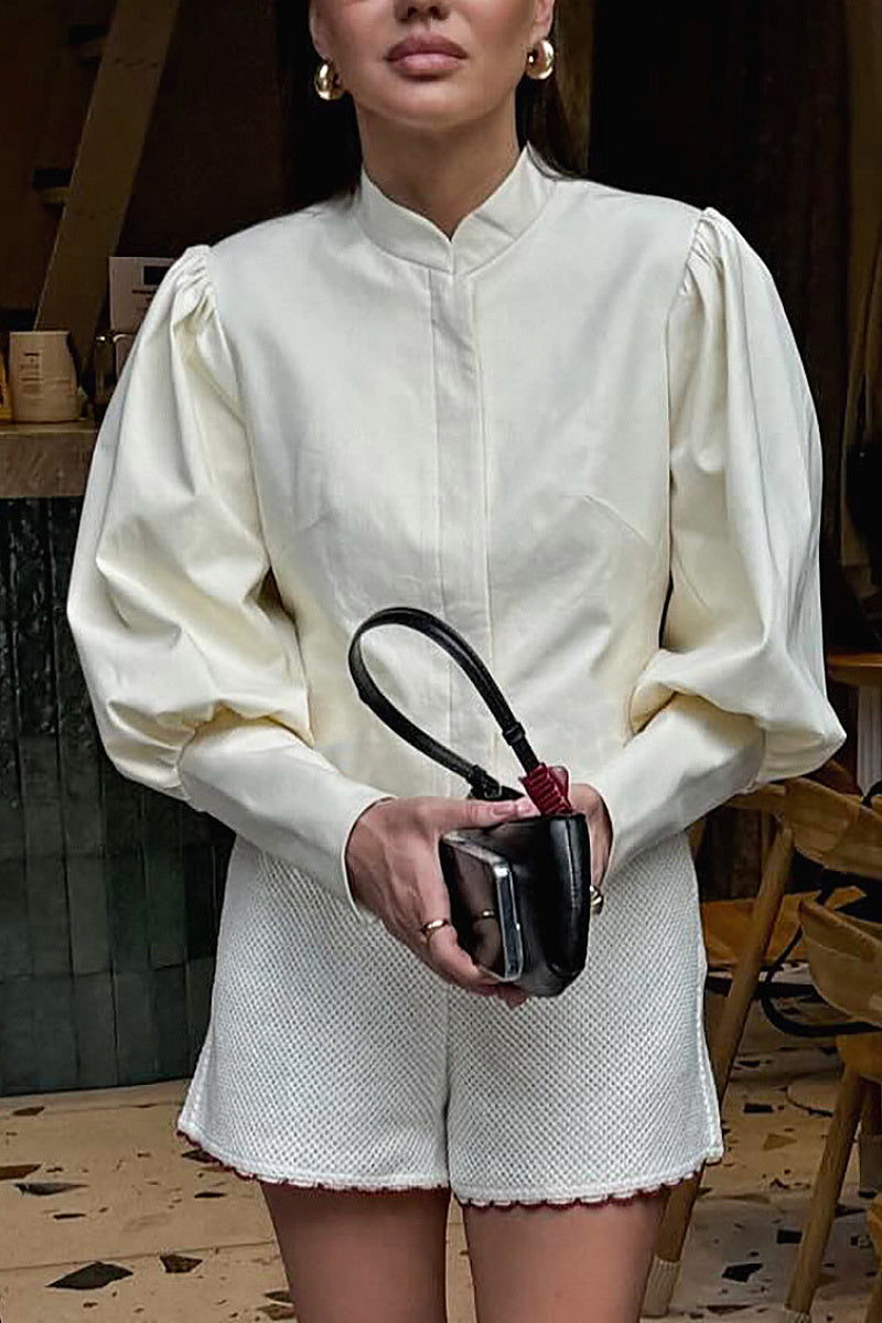 Chic Puff Sleeve Stand Collar Shirt for Autumn