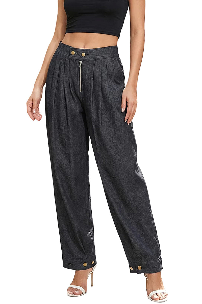 High Waist Zipper Cuffed Denim Pants for Women