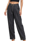 High Waist Zipper Cuffed Denim Pants for Women